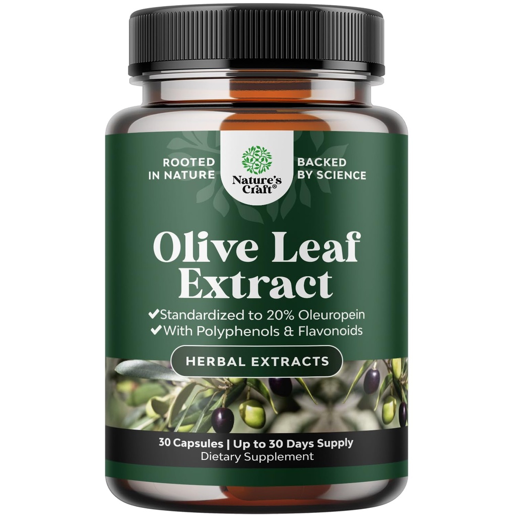 Potent Olive Leaf Extract Capsules - High Strength Antioxidant Supplement med Pure Olive Leaf med 20% Oleuropein - Herbal Heart Health Supplement - Vegan Non-GMO & Gluten Free (1 Month Supply)