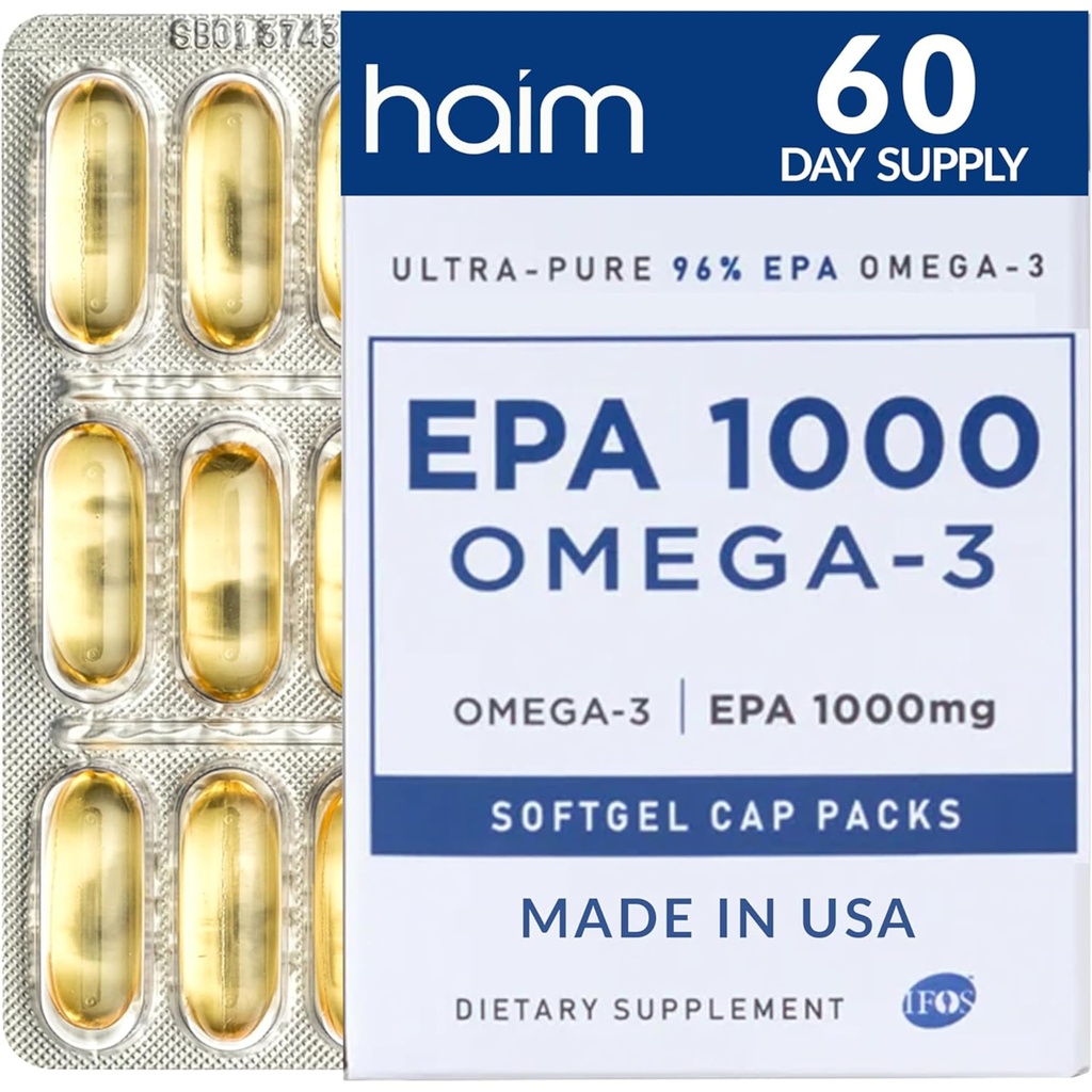 HAIM EPA1000 – EPA Fish Oil Supplement – 1 100mg Omega-3 för hjärta, hjärna och gemensam hälsa – Läkemedels-Grade Softgels – Rena, Burpless Capsules – 60 Softgels – Made in USA