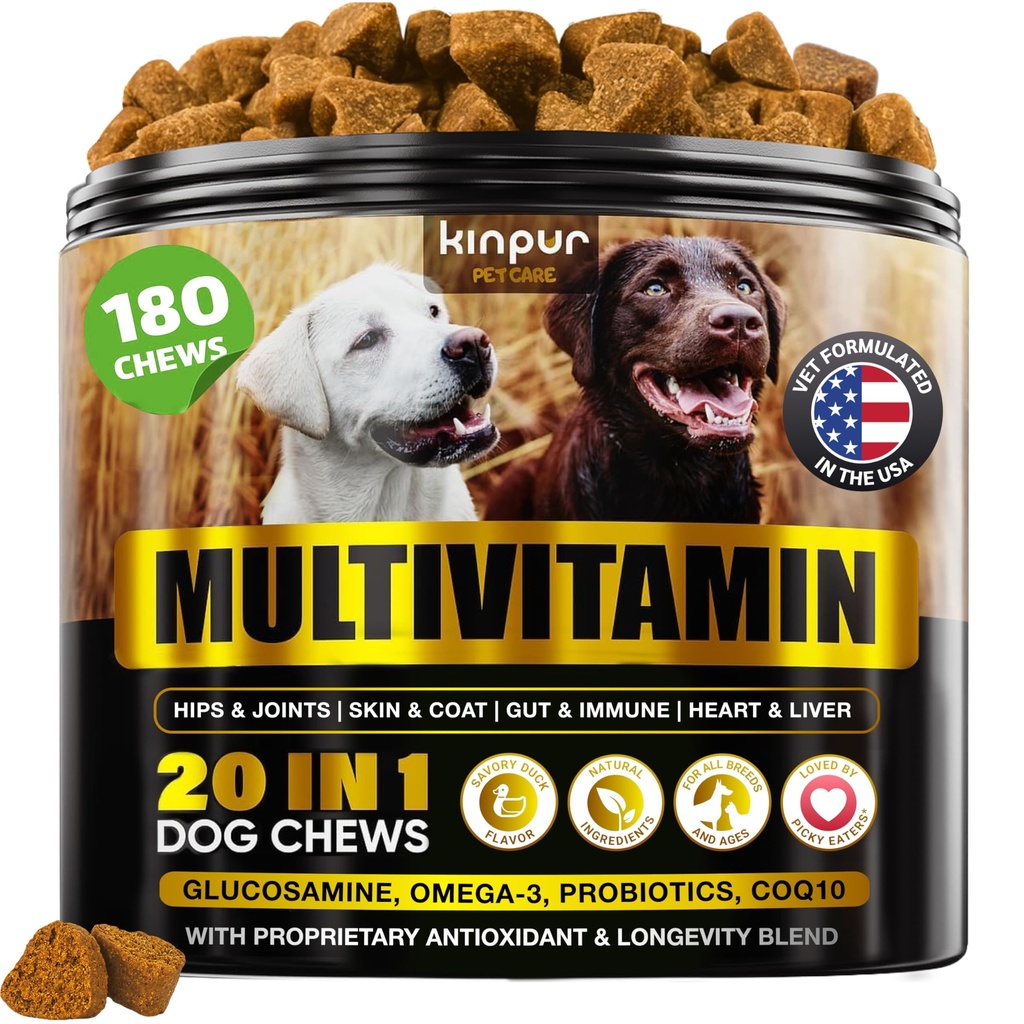 20-i-1 Dog Multivitamin Supplements - Immunity, Digestion, Joint and Heart Health Support - Natural Dog Vitamins med Biotin, Msm, Cranberry, Glukosamin för hundar - 180 Chews