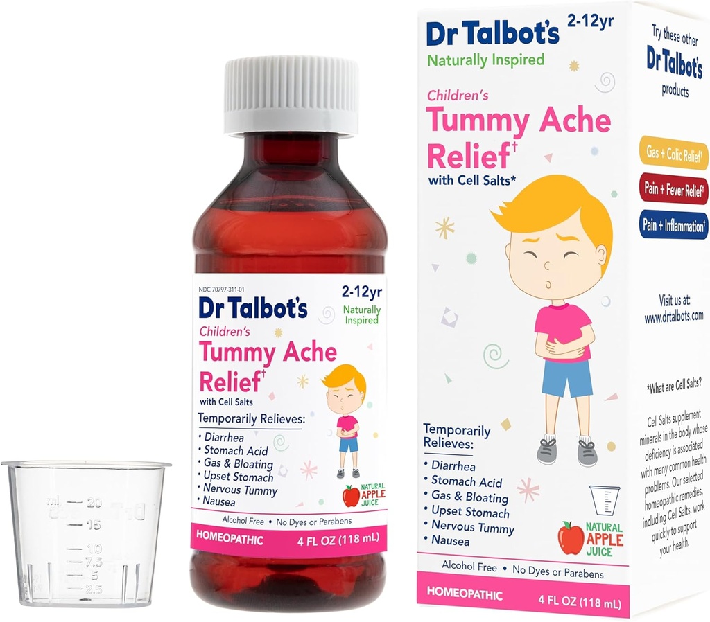 Dr Talbot Barn Tummy Ache Relief Medicine - 4 oz - Inkluderar dosering Cup - för 2-12 år gammal - naturlig Apple smak (Packaging Varies)