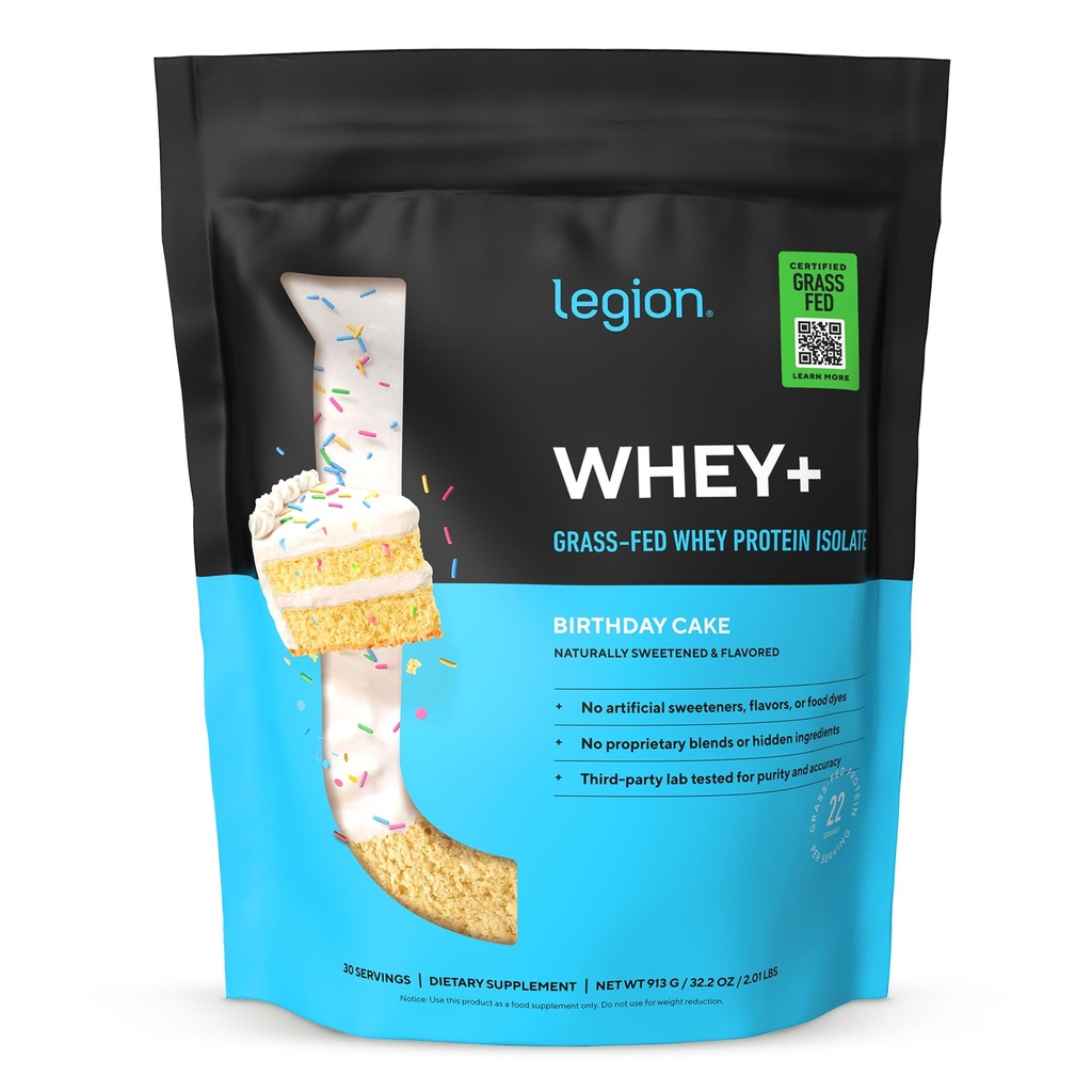 LEGION Whey+ Protein Whey Isolate from Grass Fed Cows (Birthday Cake, 30 Servings) - Whey Protein Isolate Powder Low Calorie, Non-GMO, Sugar Free, Lactose and Gluten Free, All Natural Protein Powder