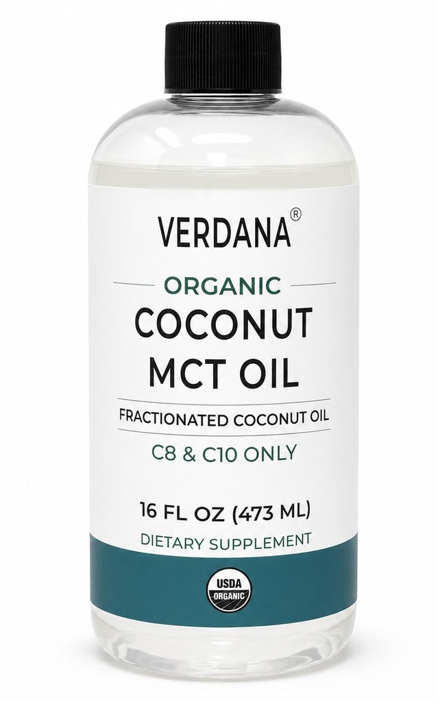 Verdana Organic MCT Oil 16 oz - Food Grade USDA Organic for Keto Coffee, Unflavored Natural Oil Pulling Mouthwash & Massage - Coconut Derived, Fractionated - Medium Chain C8 C10 - Non-GMO, Kosher