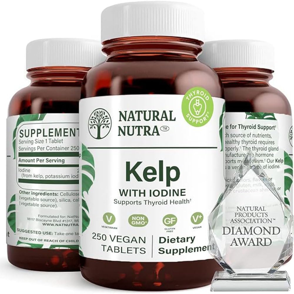 Natural Nutra Kelp Iodine Thyroid Support Supplement, Stärker Immune System, och reglerar Metabolism, Vegan Sea Kelp, Non GMO, Atlantic Sourced Seaweed Extract, 225 mcg, 250 tabletter (Pack av 2)