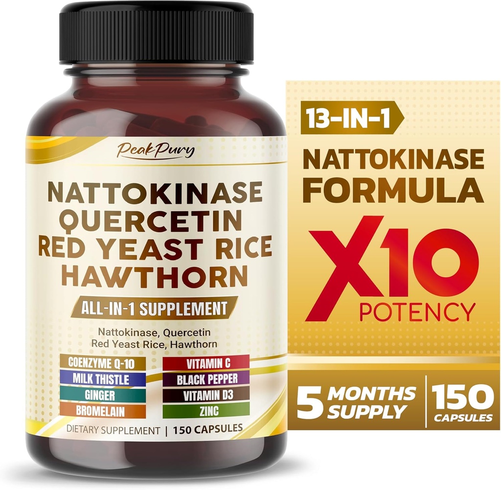 Nattokinase 5000FU Quercetin Red Yeast Rice Hawthorn - Total Wellness Support - Tillverkad i USA