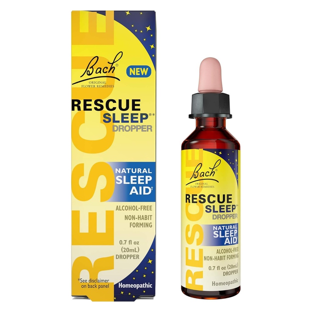 Bach RESCUE SLEEP Dropper 20mL, Natural Sleep Aid, Homeopathic Flower Essence, Fri från Melatonin, Sugar, & Gluten, Familjevänlig, Non-alkohol Formel