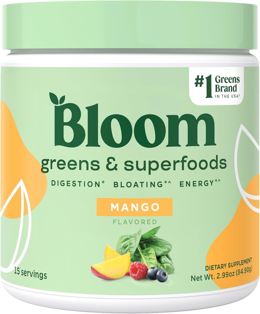 Bloom Nutrition Superfood Greens Powder, Digestive Enzymes w / Probiotics & Prebiotics, Gut Health, Bloating Relief för kvinnor, Chlorella, 15 SVG (15 portioner (Pack of 1), Mango)