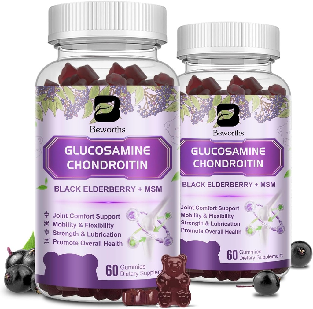 (2 Pack) Glukosamin Chondroitin Gummies, Extra Strength Joint Support Supplement med MSM & Elderberry för rörlighet och flexibilitet, Antioxidant Support för män och kvinnor, 120 Gummies
