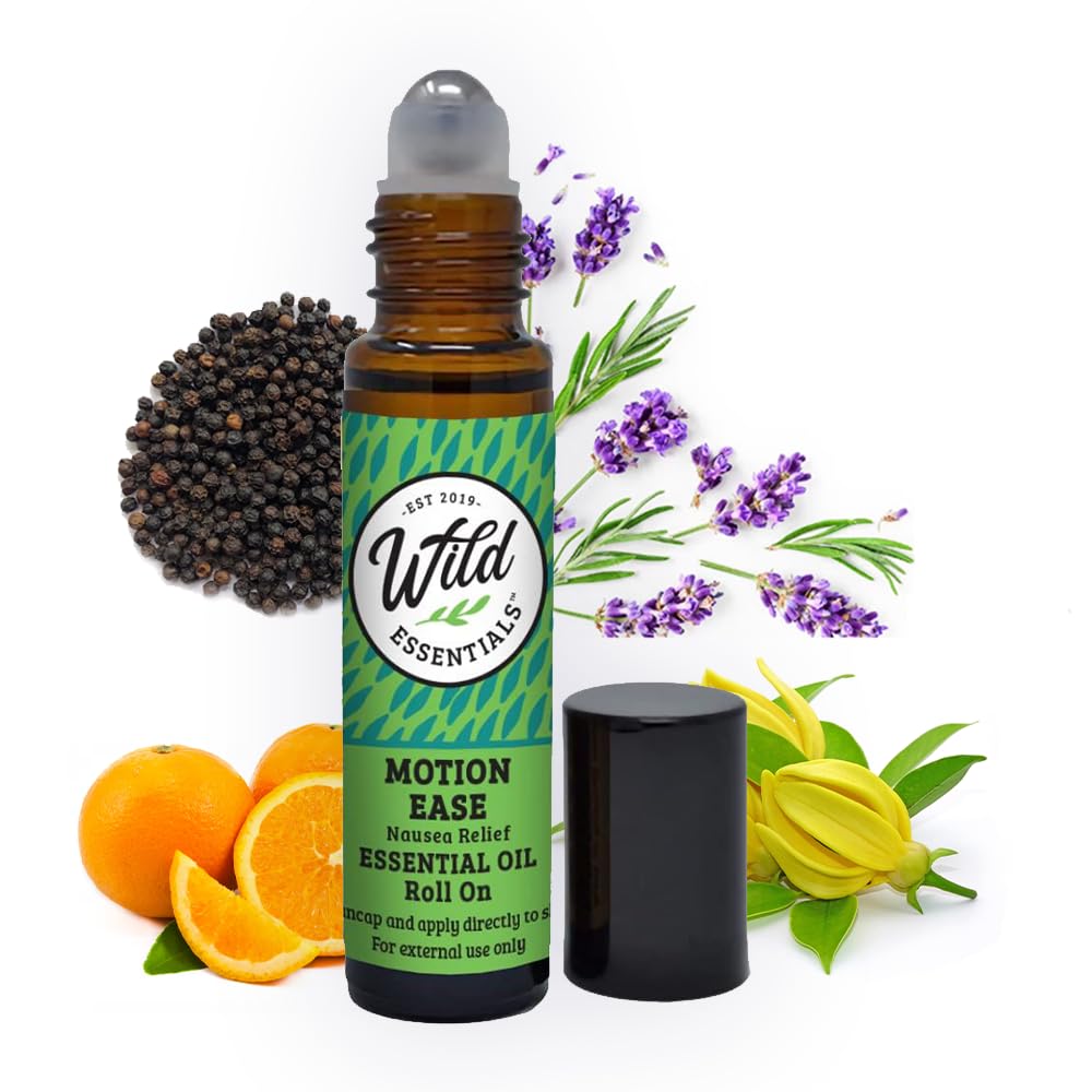 Wild Essentials Motion Ease Essential Oil Roll On, 10ml Motion Sickness, Nausea, Upset Stomach, Vertigo, Dizzy, Seasick, Carsick, Made with Organic Jojoba Oil, redo att använda, Moisturizer, All Natural