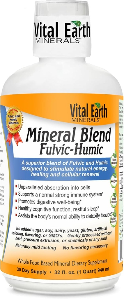 Vital Earth Minerals Fulvic Humic Mineral Blend Liquid – Fulvic Acid Supplement with 70+ Trace Minerals, Electrolytes for Recovery, Balance & Energy, 32 Oz + 1 Oz Cup