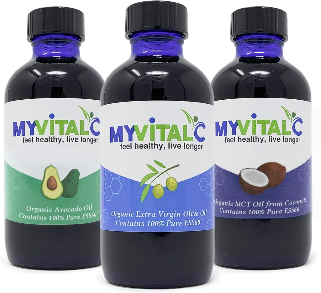MyVitalC Combo of Organic Extra Virgin Olive Oil, MCT & Avocado Oil - ESS60 Antioxidant Supplement - för Anti-Aging, Longevity, Sleep, Energy - Pack 3