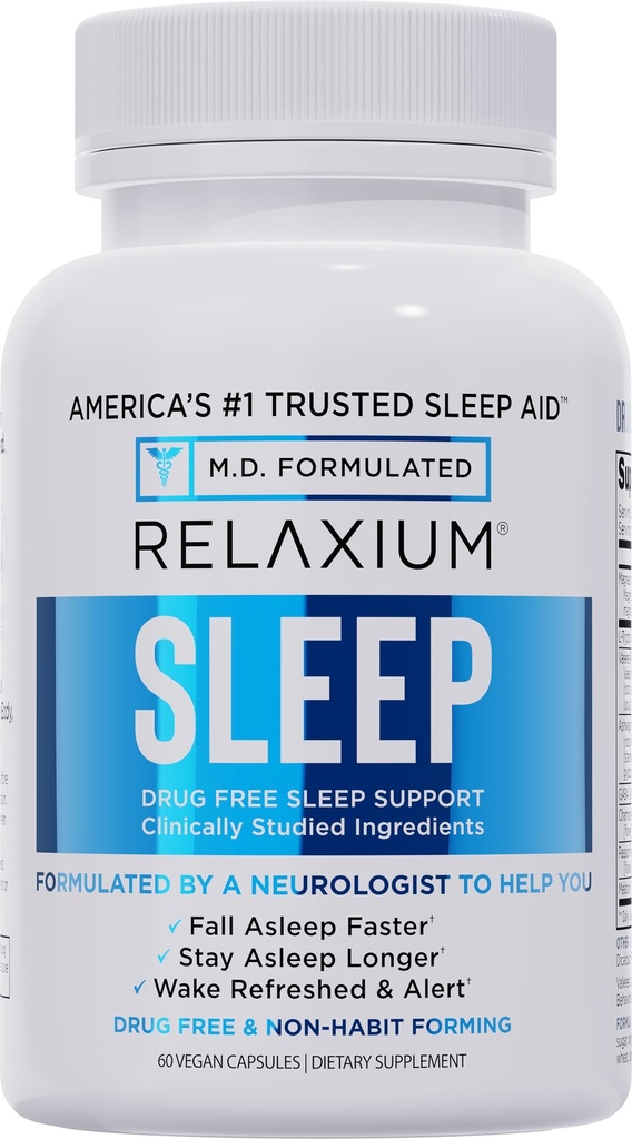Relaxium Sleep Aid - Professionell styrka Formel för vuxna | 5mg Melatonin, Magnesium Glycinate, Valerest & Ashwagandha | Non-Habit Forming Sleep Support | 60 kapslar, 30-dagars leverans