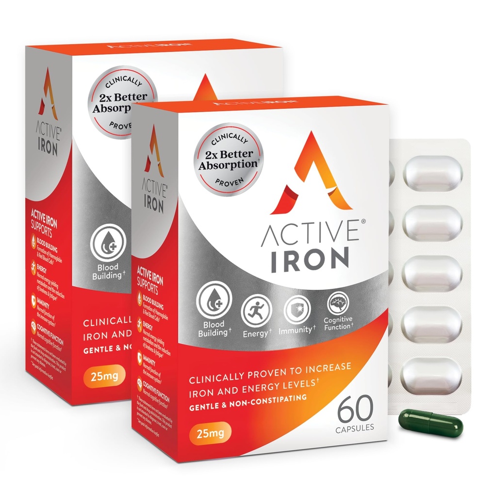 Active Iron Supplement 25mg - Kliniskt bevisad för att öka järn- och energinivåer - Gentle, icke-konstiperande, högt absorberad - 120 kapslar