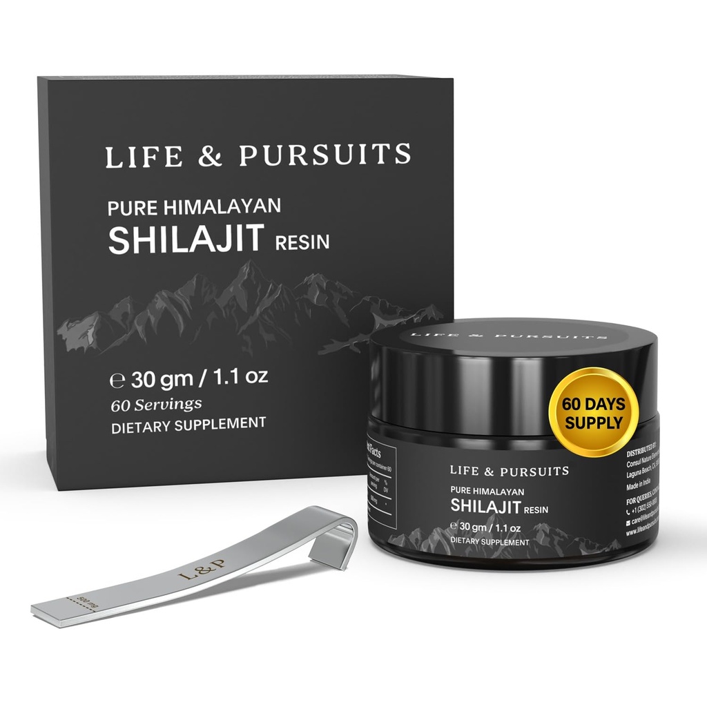 Life & Pursuits 100% Pure Real India Himalayan Shilajit Resin, 1,1 oz 500mg, Minsta 75% Fulvic Acid, 85 + Trace Minerals, Kosttillskott för män 3rd Party Lab Test Report, 60 portioner (Pack av 1)