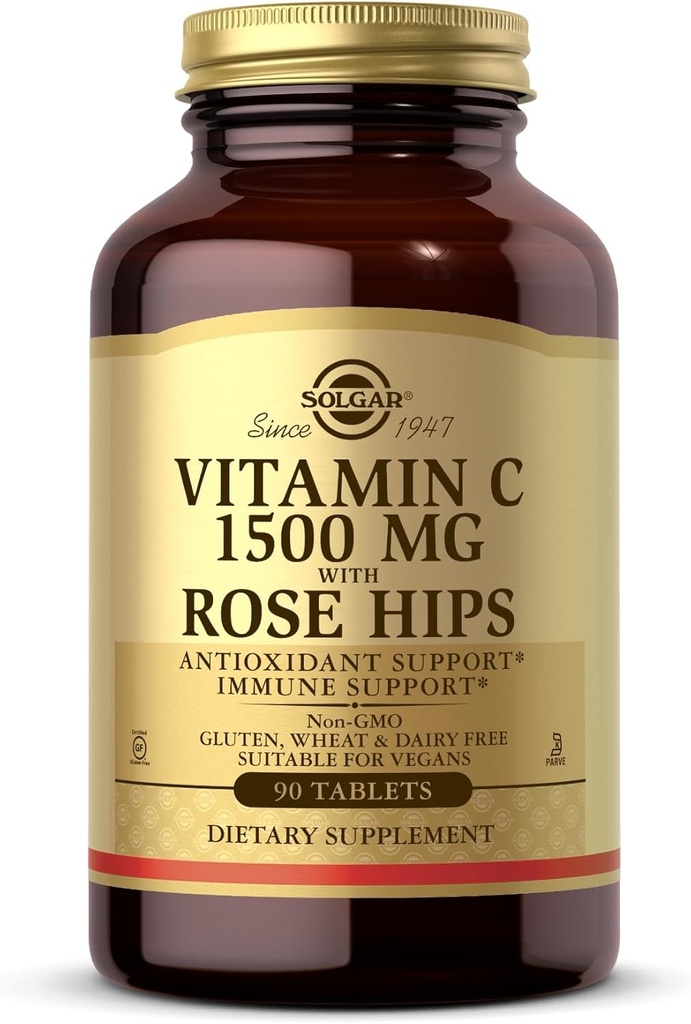 Solgar Vitamin C 1500 mg med Rose HIPS, 90 tabletter - Antioxidant & Immune Support - Övergripande Hälsa - Stöder Hälsosam hud & Joints - Non-GMO, Vegan, Gluten Free, Dairy Free, Kosher - 90 portioner