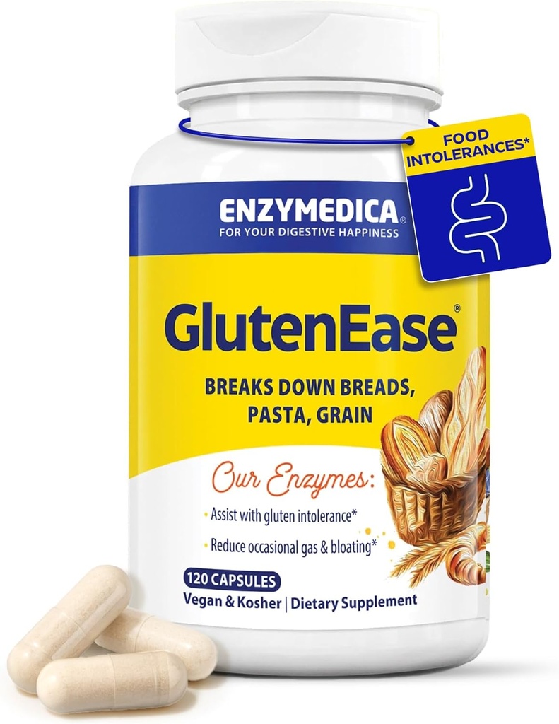 Enzymedica GlutenEase, Advanced Digestive Enzymes for Women and Men, Fast-Acting Formula for Bloating Relief & Digestive Health, hjälper till att bryta ner Gluten & Casein, 120 kapslar FFP