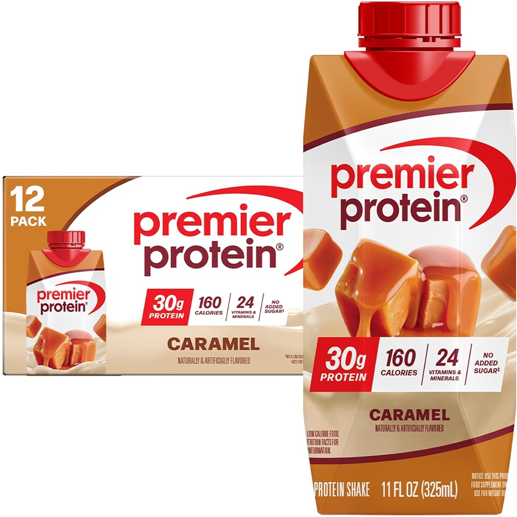 Premier Protein Shake, Caramel, 30g Protein, 11 fl oz, Pack 12 (Packaging May Vary)