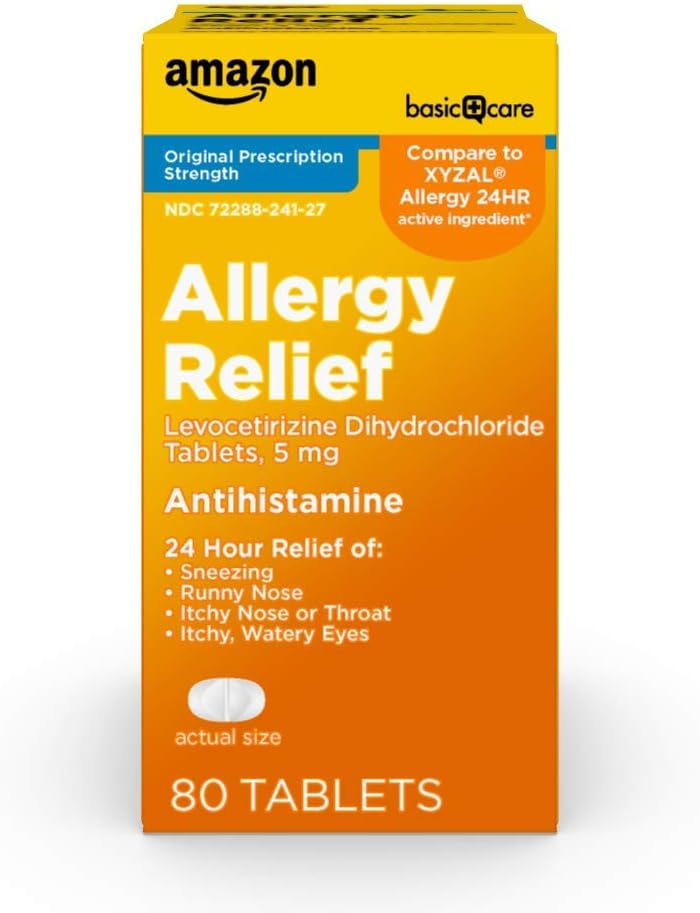 Grundläggande vård 24 timmars allergilindring, leocetirizindihydroklorid tabletter, 5 mg Antihistamin för Sneezing, Runny Nose, Itchy Nose eller Throat och Itchy, Watery Eyes, 80 Count Pack