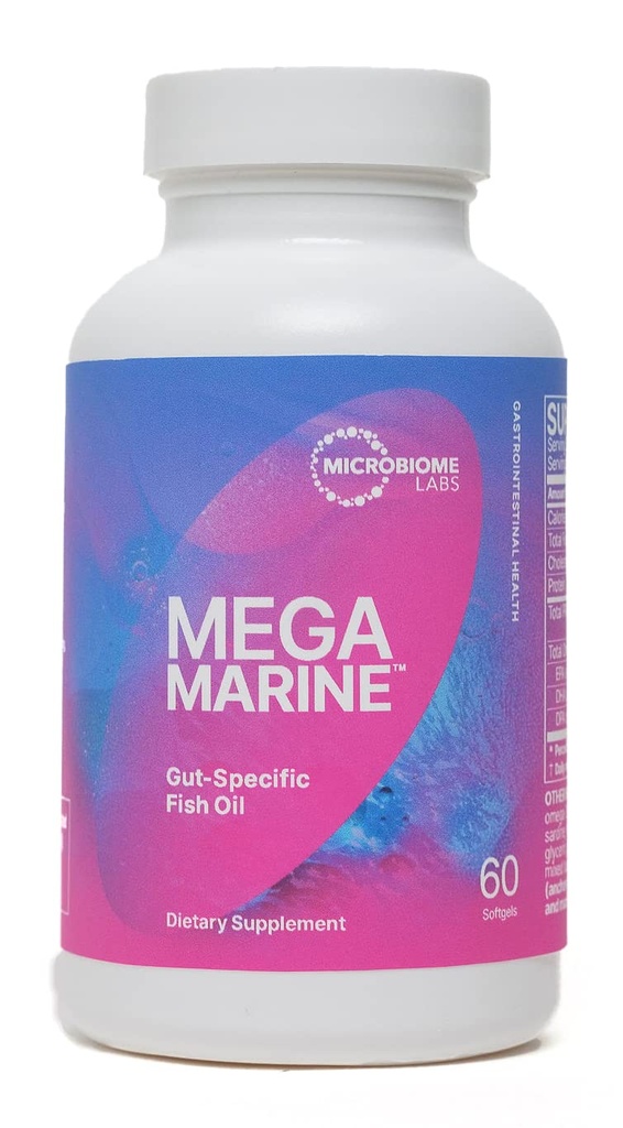 Microbiome Labs MegaMarine Omega 3 Fish Oil Supplements - Gut-Specific EPA DHA Omega 3 Supplement med DPA för Gut Health - Support Immune & Gut Barrier Function (60 Softgels)