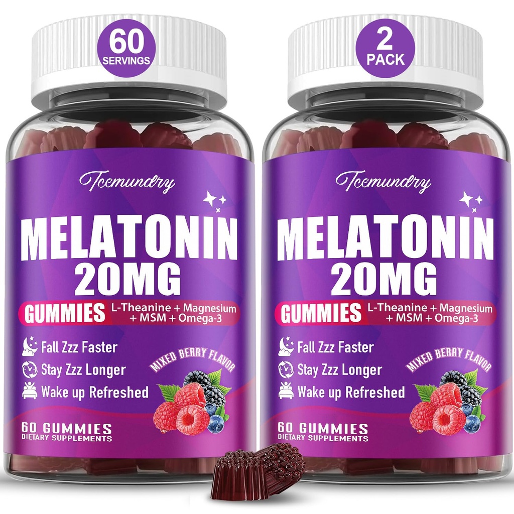 Melatonin Gummies 20mg för vuxna - Maximal styrka Melatonin Gummies med L-Theanine, Magnesium, Omega-3, MSM, D3 & Zink - Non-Habit Forming, Vegan, Non GMO, Natural Mixed Berry Flavor