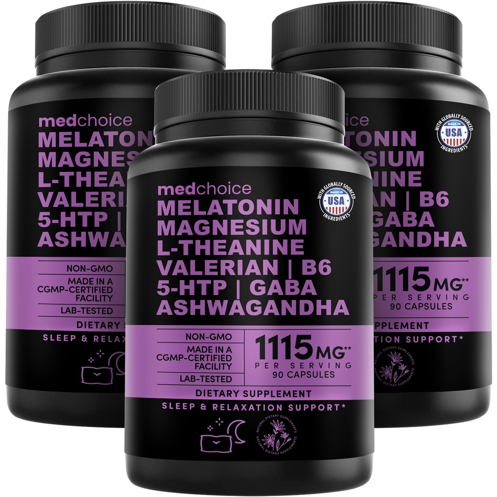 12-i-1 Melatonin Sleep Capsules - Naturliga sömnhjälpmedel för vuxna med Melatonin 5mg och Magnesium Glycinate 500mg, sömnhjälp med Ashwagandha, L Theanine, Valerian Root, GABA, 5-HTP (90ct, Pack of 3)