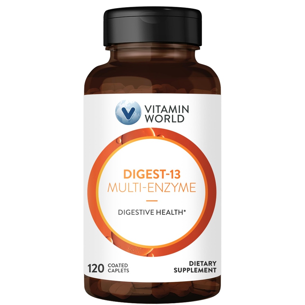 Vitamin World Digest-13 Multi-Enzyme, 1010mg Digestive Enzymes Blend med Amylase, Bromelain, Papain & Lipase för Digestion och Absorption, Digestive Enzymes för Bloating & Gas, 120 Caplets