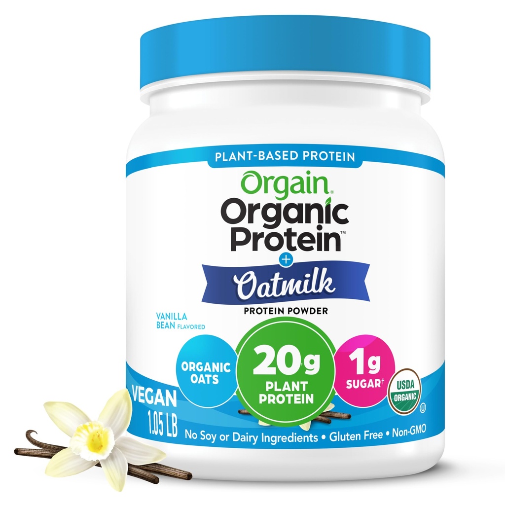 Orgain Organic Vegan Protein Powder + Oat Milk, Vanilla Bean - 20g Plant Based Protein, Gluten Free, No Dairy, Soy eller Lactose Ingredients, Low Sugar, Non-GMO, Kosher, För Shakes & Smoothies - 1.05lb
