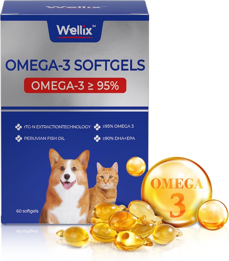 Wellix Pure Omega 3 Fish Oil för hundar och katter, hud- och pälstillskott för Shedding, främjar hjärta, hud, rock, gemensam och immun hälsa, över 95% Omega 3, rik i EPA + DHA, 60 Softgels