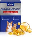 Wellix Pure Omega 3 Fish Oil för hundar och katter, hud- och pälstillskott för Shedding, främjar hjärta, hud, rock, gemensam och immun hälsa, över 95% Omega 3, rik i EPA + DHA, 60 Softgels