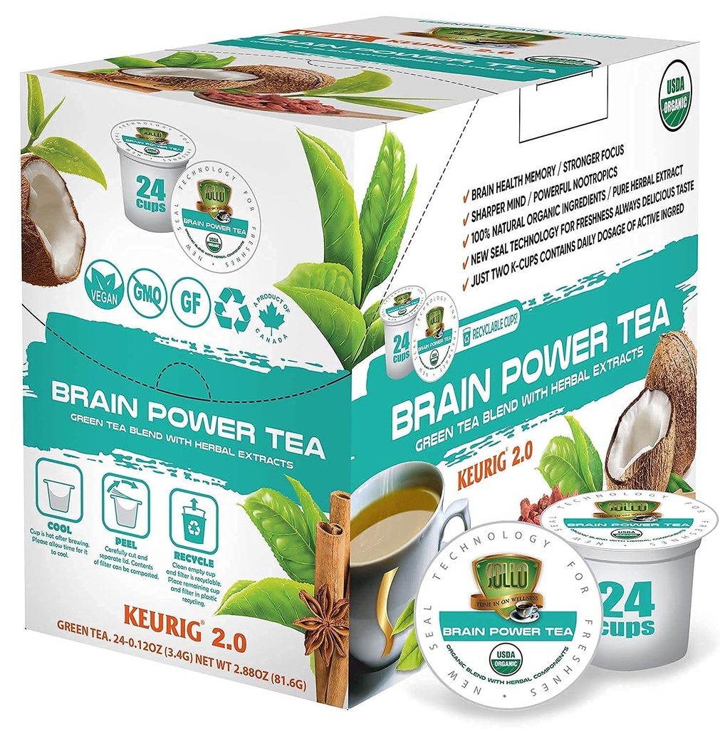 SOLLO Brain Power Organic Green Tea Pods med MCT, Acai & Essential nutrition, Nootropic Brain Booster - förbättrar minne och fokus kompatibel med 2,0 K-Cup Keurig Brewers, 24 Ct
