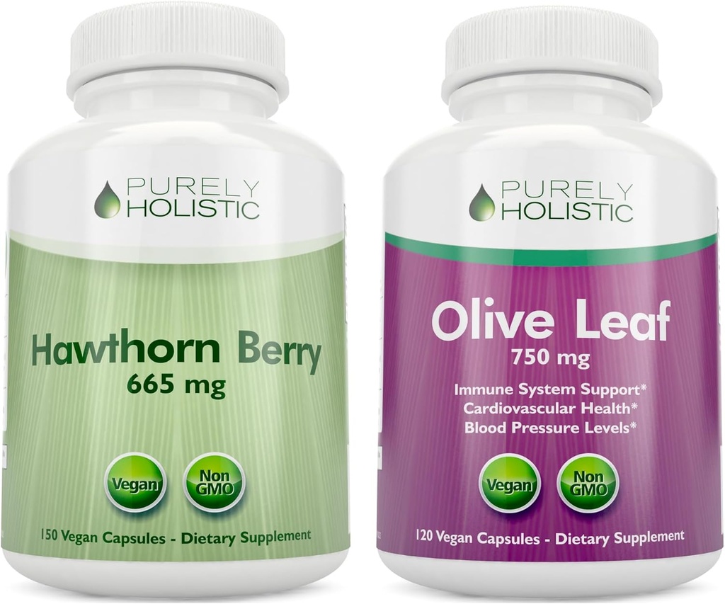 Rent Holistic Hawthorn Berry 665mg + Olive Leaf Extract 750mg Bundle + 270 Vegan kapslar - Tillverkad i USA