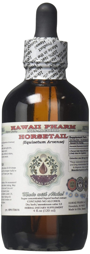 Horsetail Alcohol-Free Liquid Extract, Organic Horsetail (Equisetum arvense) Torkade Herb Glycerite Hawaii Pharm Natural Herbal Supplement 4 oz