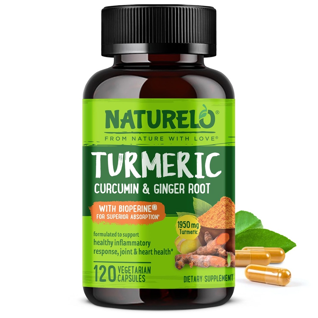 NATURELO Turmeric Curcumin - BioPerine för bättre absorption - Black Pepper, Ginger Root, Curcuminoids - Plant-Based Joint Discomfort Support - 120 Vegan kapslar