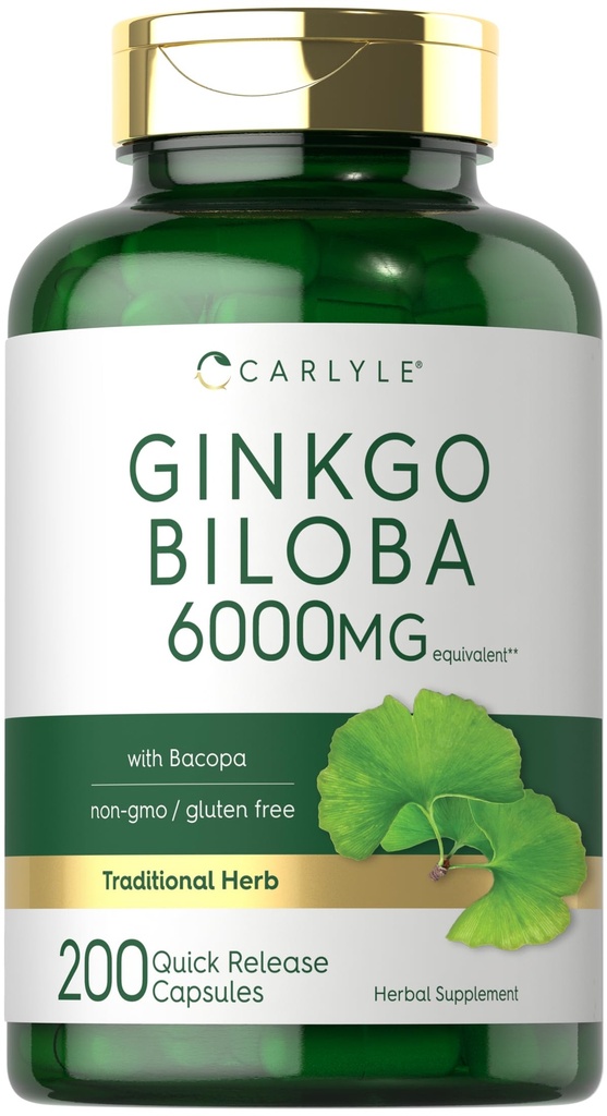 Carlyle Ginkgo Biloba Pills | 6000mg | 200 kapslar | med Bacoba Extract | Extra styrka, icke-GMO och Gluten Fri Herbal Supplement