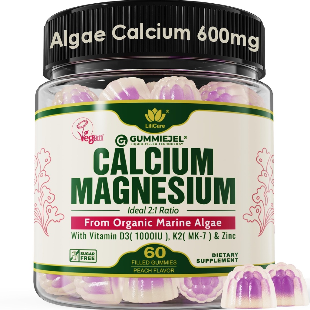 Plant Based Calcium Gummies 600mg med vitamin D3 K2, Magnesium, Zink för benstyrka, Sugar Free Calcium Supplements for Women & Men (Certified Vegan) från Sustainably Organic Red Algae - 60 Counts