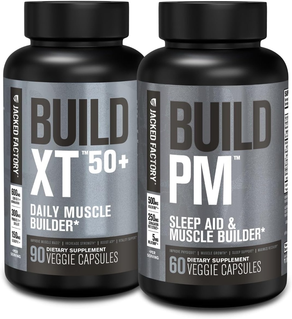 Jacked Factory Build-XT 50+ Daily Muscle Builder (90 kapslar) & Build PM Night Time Muscle Builder & Sleep Aid (60 kapslar) för muskeltillväxt, vitalitet och återhämtning