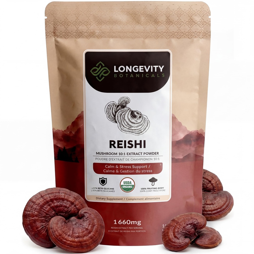 Longevity Botanicals Organic Reishi Mushroom Extract Powder 100g | Koncentrerad 10:1 Ratio | 100% Fruiting Bodies | Lingzhi (Ganoderma lucidum) Naturligt tillskott för immun, stress och sömnstöd