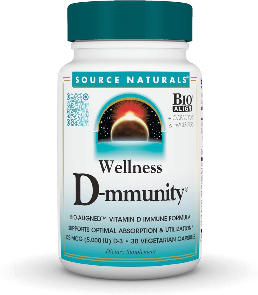 Källa Naturals Wellness D-mmunitet, Bio-Aligned Vitamin D Immune Formel, Stöder Optimal Absorbtion och Utilization *, 125 mcg (5,000 IE) D-3-30 Vegetariska kapslar