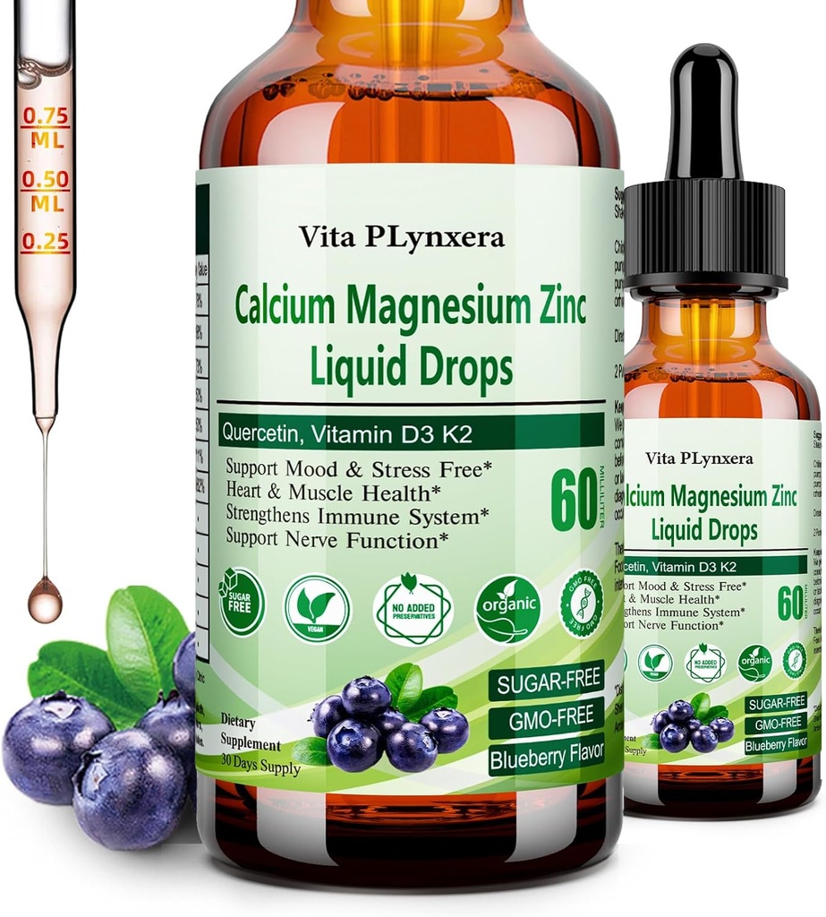 Calcium Magnesium Zink, Liquid Calcium Magnesium Citrate med vitamin D3 K2, B6, Omega-3, High Potency Liquid Magnesium Calcium Drops w. Herbal Supplement för ben, muskel, avkoppling, sömn, nerv