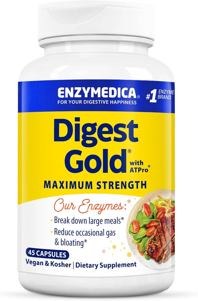 Enzymedica Digest Gold + ATPro, Maximum Strength Digestive Enzymes, hjälper Digest stora måltider för omedelbar uppblåst lättnad, 45 kapslar
