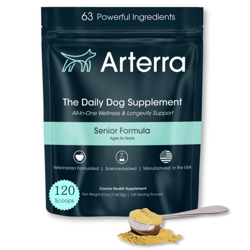 Senior Dog Powder Supplement & Food Topper - 63 Ingredienser för gemensam, Gut, Immune & Brain Health - Daglig Longevity Multivitamin med Glukosamin, Probiotika och fiskolja | 120 skopor