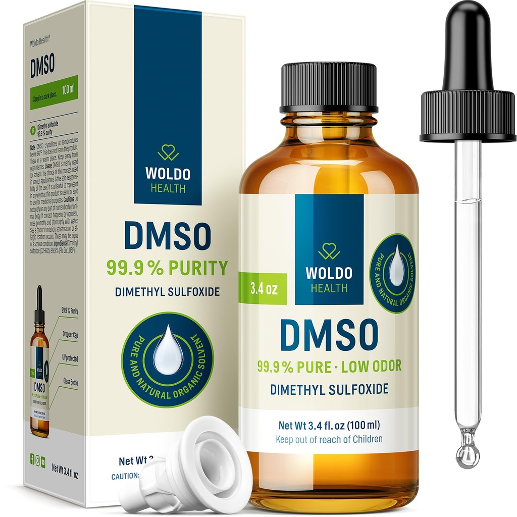 WoldoHealth DMSO 99,9% Pharmaceutical Grade - FT-IR Verified Dimethyl Sulfoxide, Low Odor Solvent i glasflaska med Precision Dropper (3,38 oz)