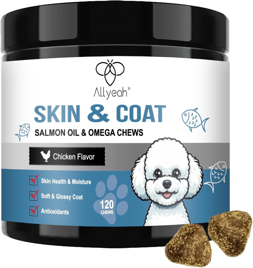 Omega 3 Fish Oil for Dogs, Salmon Oil Skin and Coat Supplement for Dogs Dog Allergy Relief, Dry & Itching Skin Relief Treatment, Allergy Chews - Dog Anti Shedding Treats - Shiny Coats - EPA & DHA