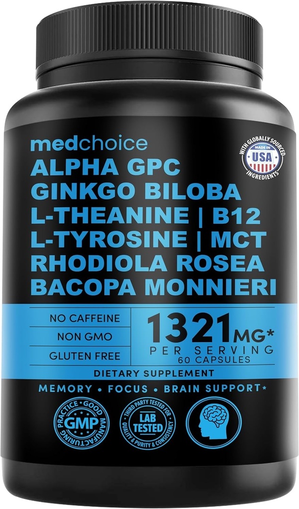 12-i-1 Nootropic Ginkgo Biloba för hjärnstöd, minne och fokus - B12, Alpha GPC, L Theanine och Choline Supplements med Bioperine Non Caffeinated 1321mg (60ct)