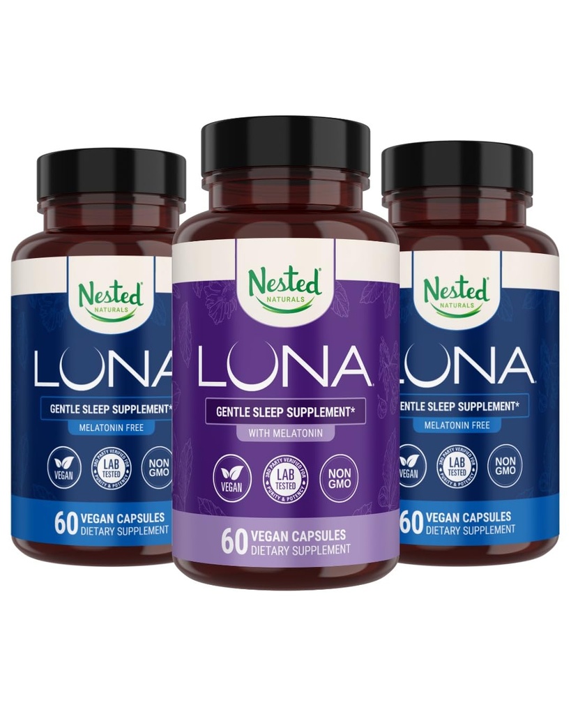 Nested Naturals Luna Melatonin-Free (120 Vegan Capsules) och Luna Natural Sleep Aid med Melatonin (60 Vegan Capsules) för djup sömn | Non-Habit Forming