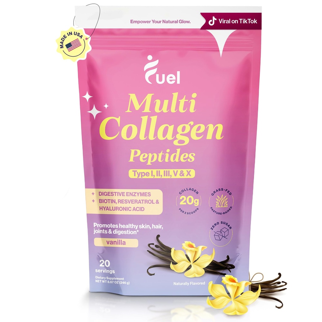 Bränsle Multi Collagen Peptides Powder - 20g Hydrolyzed Collagen I, II, III, V & X för hår, hud, naglar och gemensamt stöd - Bättre Absorption - Keto & Gluten Free, French Vanila 8.67oz