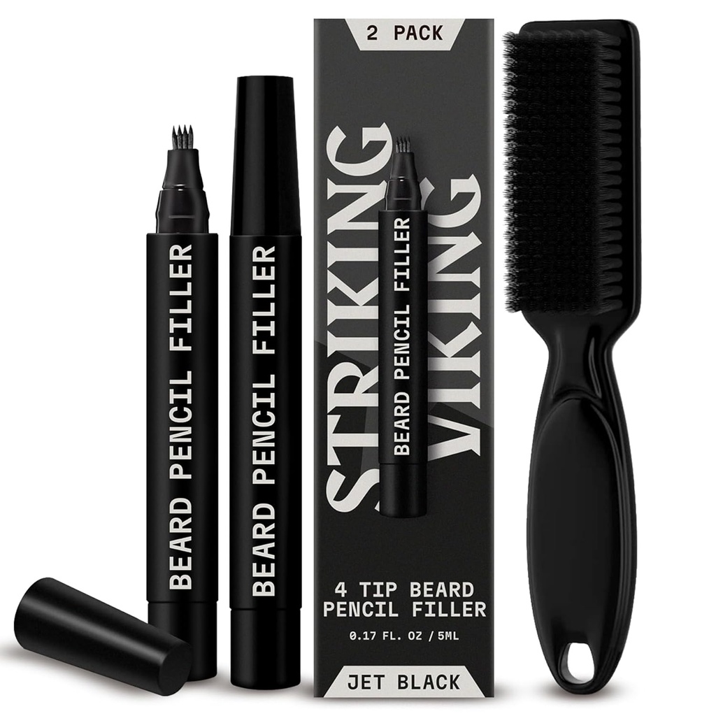 Slående Viking Beard Pencil Filler för Män - Pack of 2, Jet Black - Vattentät Långtidsskägg Penna - 4-Pronged Tips för Gap Repair & Barber Pencil - Mjuk Bristle Brush & Pen Filler
