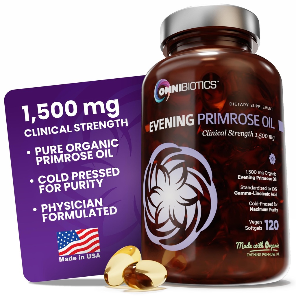 OmniBiotics Organic Evening Primrose Oil för kvinnor - Klinisk styrka 1500mg per kapsel, 10% GLA, Cold-Pressed, Non-GMO, Hormone Balance för kvinnor - 120 Vegan Softgel kapslar