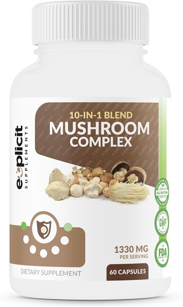 Fullständig Mushroom Supplement med 10 Mushroom Extracts & Blends (Cordyceps, Reishi, Shiitake, Lions Mane, Maitake, Turkey Tail, Chaga, Royal Sun, White Button, Black Fungus Mushroom) - 60 Caps