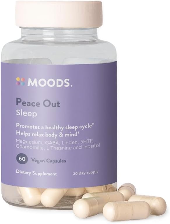 Moods | Peace Out | Natural Sleep Aid Supplement | Djup sömn. Slappna av och lugna för bättre nätter rest | Magnesium, GABA, kamomill, 5-HTP, L-Theanin, Myo-Inositol | 60 Vegan kapslar för 30 dagar