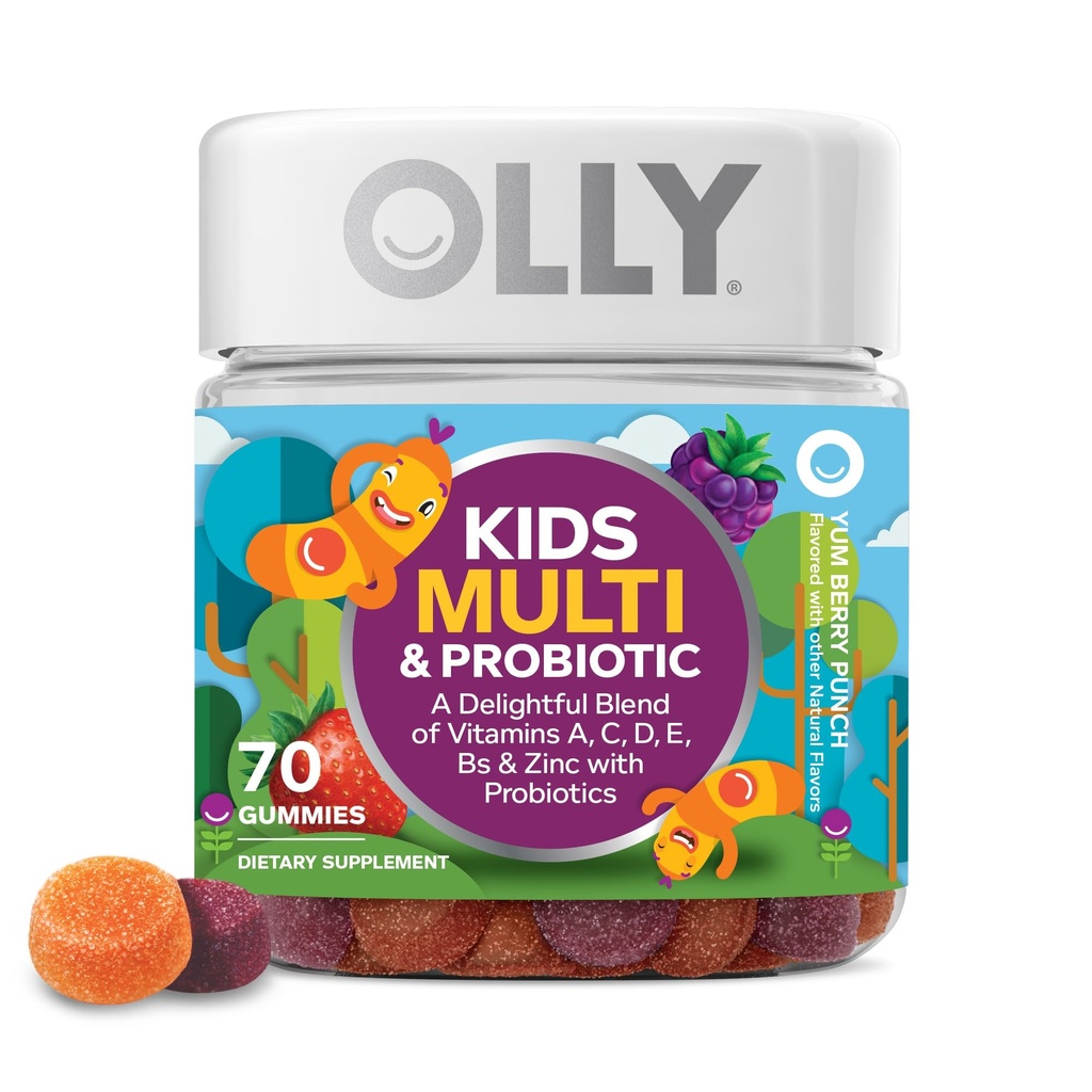 OLLY Kids Multivitamin & Probiotic Gummy, Digestive Support, Vitamins A, D, C, E, B, Zink, Chewable Supplement, Berry Flavored, 35 Day Supply - 70 Count